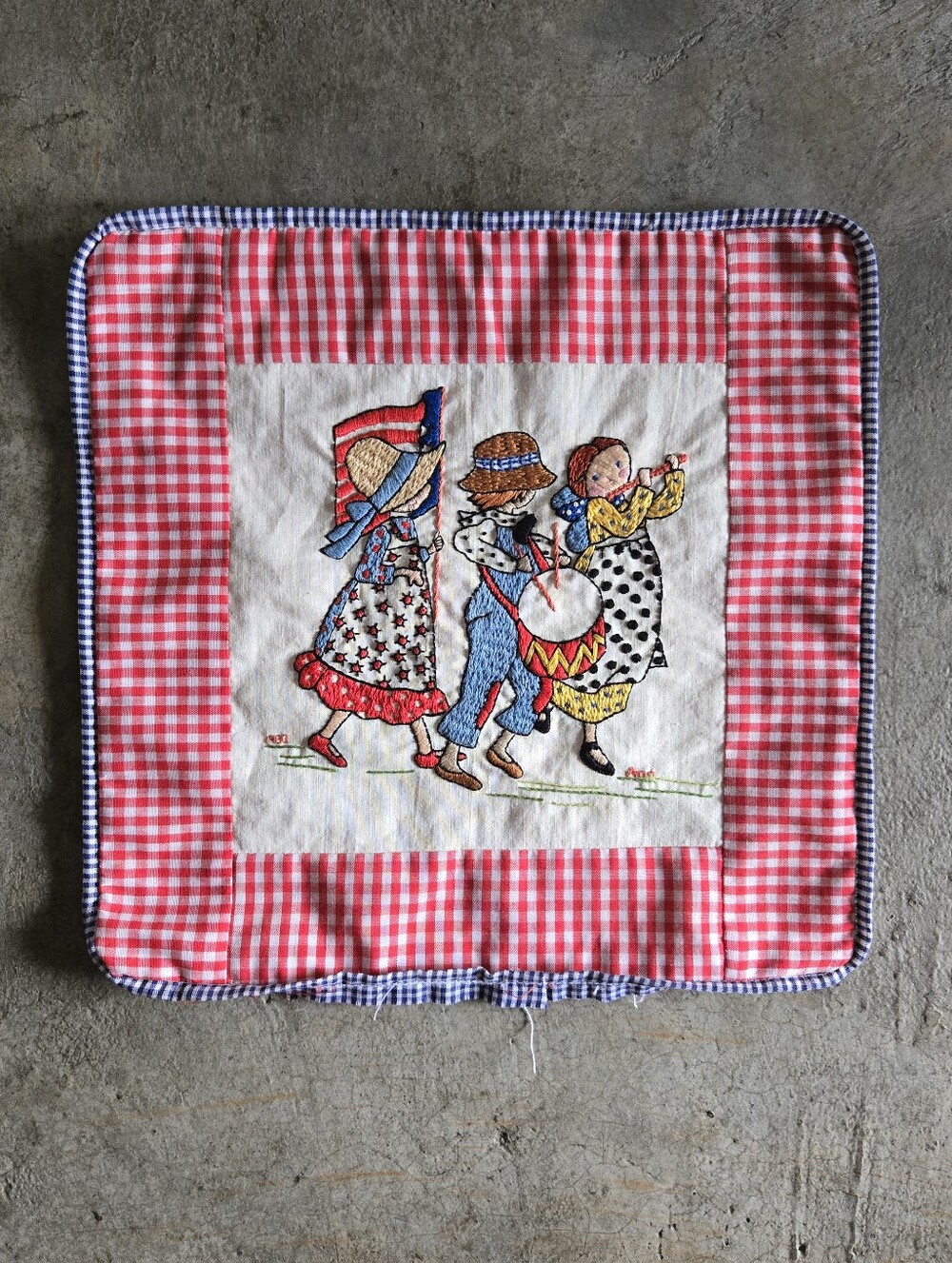 Vintage Red and Blue Gingham Patriotic Embroidered Parade Small Pillow Cover